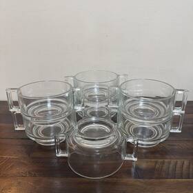 Joe Colombo 4219 Vtg Arno Italy Clear Glass Double Handle Soup Cream Bowls Set Of 7