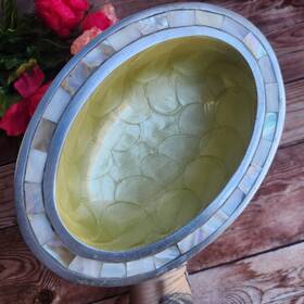 Julia Knight 814739010724 8 Inch Oval Bowl With Mother Of Pearl Border - Mop Shell Metal Dish
