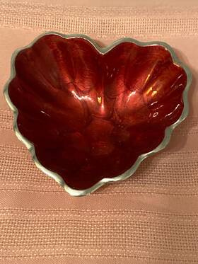 Julia Knight 879787007744 Signed Red Heart Shaped Bowl Aluminum With Pomegranate Enamel 4 Inch