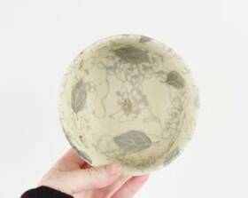 Kfh9 Kafu Vintage Set Of 4 Japanese Pottery Bowls Underglaze Gray Leaf Pattern