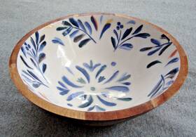 011fntb01 Kohls Lined Wood Large Serving Bowl 9 Inch X 3.5 Tall Blue Floral Dish Pre-owned With Tag