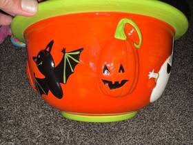 Kohls 400902130148 Halloween Ceramic Bowl Bats Ghost Jack O Lantern Candy Chip Dish Trick 11 Inch