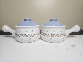 Laurelwood 1985 1985 Floral Ceramic Soup Bowl With Handles Set Blue Lids