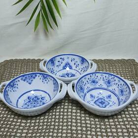 Le Cadeaux 810056672393 Melamine White Blue Floral Moroccan Global Mini Handle Bowl Set Of 3