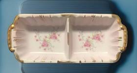 Kf1824 Lefton Heirloom Rose 9-1/4 Inch Two Compartment Vintage Porcelain Serving Dish