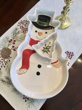 886863 Lenox Holiday Entertaining Snowman Chip And Dip Bowl Euc
