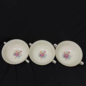 Lenox J-300 Rose Floral Cream Soup Handle Bowls Set 3 Pcs Gold Trim 5 Inch Diam