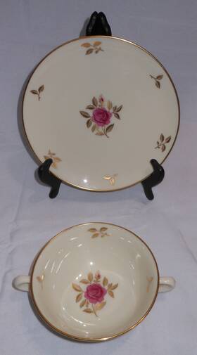 Lenox P-471 Rhodora Two-handled Cream Soup Bowl With Saucer Vintage Mcm Usa Gold R