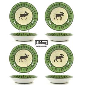 Libbey 031009272853 Rustic Lodge 20oz Soup 8.5 Inch Bowl Set 4 Green Brown Moose Tree Speckled