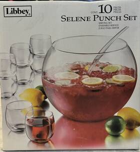 Libbey 031009294510 Glass Punch Bowl Set 10 Piece Serving With Glasses And Plastic Ladle Selene