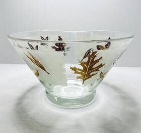 3gwmt3gliii8 Libbey Gold Leaf Chip Bowl Vintage Serving Punch Frosted Glass Golden Foliage