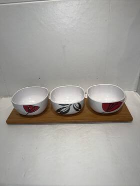 Liberty 849434017747 3 White Flowers Melamine Dip Bowl Serving Set With Bamboo Tray