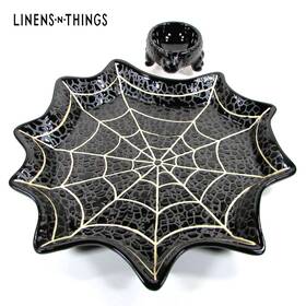 Linens N Things 406017838344 Spider Web 16 Inch Chip Dip Set 2pc Black Halloween Candy Dish Mib