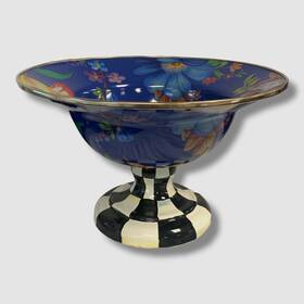 Mackenzie-childs 840115606557 Blue Floral Check Flower Market Compote Lapis Bowl Large