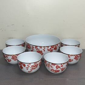 10012656400 Martha Stewart Collection Red Floral Gold Rim Serving Bowl And 6 Cereal Soup Bowls