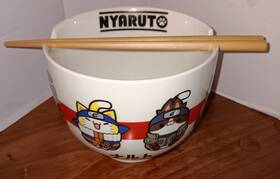 Masashi Kishimoto 071249210581 Naruto Ramen Bowl Rice Soup Cat Theme 16oz White With Chopsticks 2002 Mad Engine