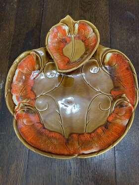 Im-101 Maurice Of California Pottery Glazed Chip And Dip Tray 1970 S Brown/orange
