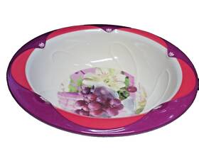 B005-13 Melamine Ware Large Serving Bowl Purple-red Textured Rim-fruit/floral Design 300