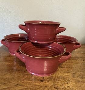 Members Mark 078742104805 Tuscan Soup Bowls Mulberry With Brown Trim Double Handle Set Of 4