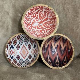 1630824 Mesa Inspired Living 3 Pc Mango Wood Printed Small Serving Bowls Boho Colorful