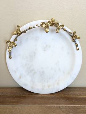 123008 Michael Aram Bittersweet Trinket Tray 6.5 Inch Marble With Silver And Gold Tone Floral