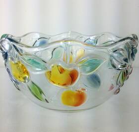 Mikasa 728987028915 Golden Harvest Clear Glass Hostess Bowl Embossed Colored 3d Fruit 8.5 Inch