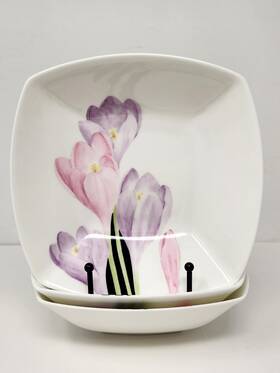 An045 Mikasa Set Of 3 Nouveau 7 Inch Square Cereal Soup Bowls Purple Pink Flowers