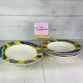 Cac97 Mikasa Intaglio Verve Blue Gold Stoneware Large Rim Soup Pasta Bowl Set 4
