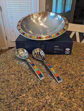Dpk01-592 Mikasa Euc Silver 3 Pc Salad Bowl And Matching Servers Set Inlaid Tiles Boho