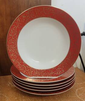 Mikasa L3471 Red Parchment Rim Soup Bowl Set Of 6 8 3/8 Inch Gold Excellent