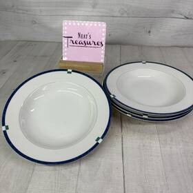 L5560 Mikasa Cayman Blue Band Green Block Fine China Rim Soup Pasta Bowl Set 4