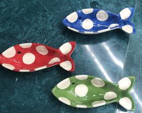119503 Mud Pie Pottery Polka Dot Fish Dipping Bowls Lot Of 3 Nautical App 7 Inch Long