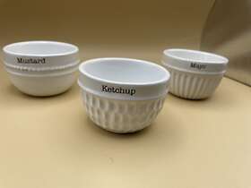 Mud Pie 718540743430 Condiment 3 Pc Bowl Set Mayo Mustard Ketchup Ceramic Dip Dishes Barware