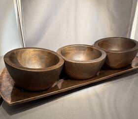 Mt0538 Namb Nambe 2012 Neil Cohen Three Bowl Tray Copper Bronze Alloy And Acacia Wood