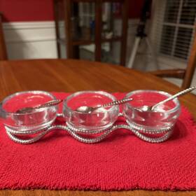 Mt1175 Namb Nambe Braid Collection Triple Bowl Condiment Set With Serving Spoons - Silver