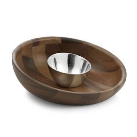 Mt0819 Nambe Luna Chip And Dip Server Acacia Wood Appetizer Platter With Metal Bowl