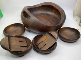 Mt1686 Nambe 7 Pc. Mcm Salad Bowl Servers Large Wooden Serving Utensils L3
