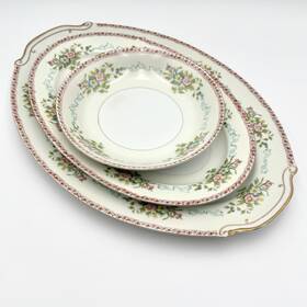 Nat19 National China 2 Serving Platters 1 Coupe Soup Bowl Red Scroll Japan