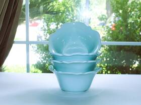 Nmh8 Nicole Miller Home Aqua Bowls Set Of 4 Discontinued-scalloped Edge-euc