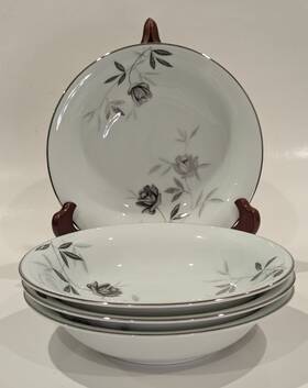 5851 Noritake Rosamor 7.5 Inch Soup/cereal Bowls White Gray Roses Platinum Trim Vintage