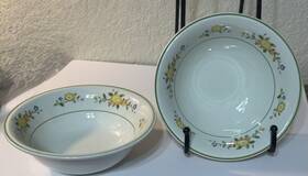 B306w12 Noritake 2 Versatone Lineage Cereal Bowl Yellow Floral Green Rim Japan