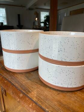 Our Place Speckled-6 4 Bowls Cream With Blue Speckled -6 Inch Round And 2.75 High Ceramic