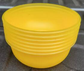 H029-01-2 Packerware Lot 7 Vintage Yellow Plastic Cereal Snack Bowls 6 Inch Stackable Retro