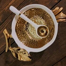 Cer-2700-wg Pampa Bay Gold And White Pomegranate Serving Bowl With Spoon