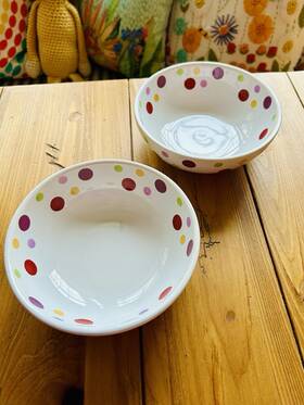 0309a Pampered Chef 2 6 Inch Soup Cereal Bowls Polka Dots Simple Additions Euc
