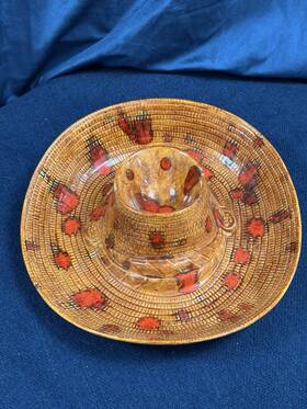 Party Pb72 Vintage 1972 Ceramic Sombrero Chip And Dip Bowl 13 Inch Red Brown Drip Glaze Mcm
