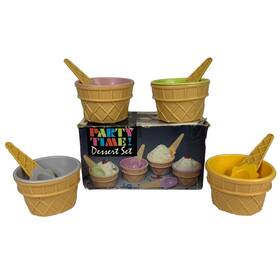 Party Time 023079017786 Vintage Dessert Set Ice Cream Bowls Spoons Waffle Cone 8 Pc