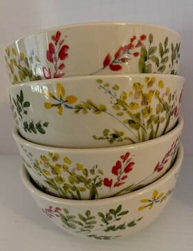 S021 Paula Deen Set Of 4 Garden Rooster Cereal Soup Bowls Farmhouse Floral