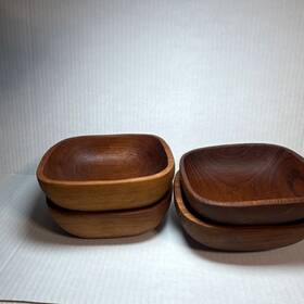 L-559 Philcraft Handcrafted Teakwood Square Dinnerware Bowls Set Of 4 Smooth Finish