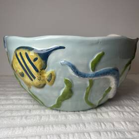 Pier 1 1t18 Sea Life Serving Bowl Ocean Nautical Ceramic Octopus Fish Hand Painted